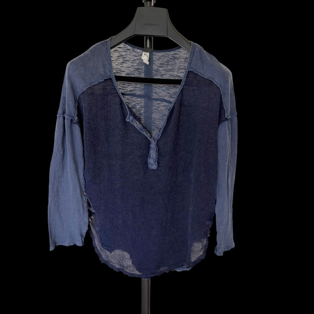 We The Free Free People Blue Mixed Media Henley Long Sleeve Top OB481702 Size M